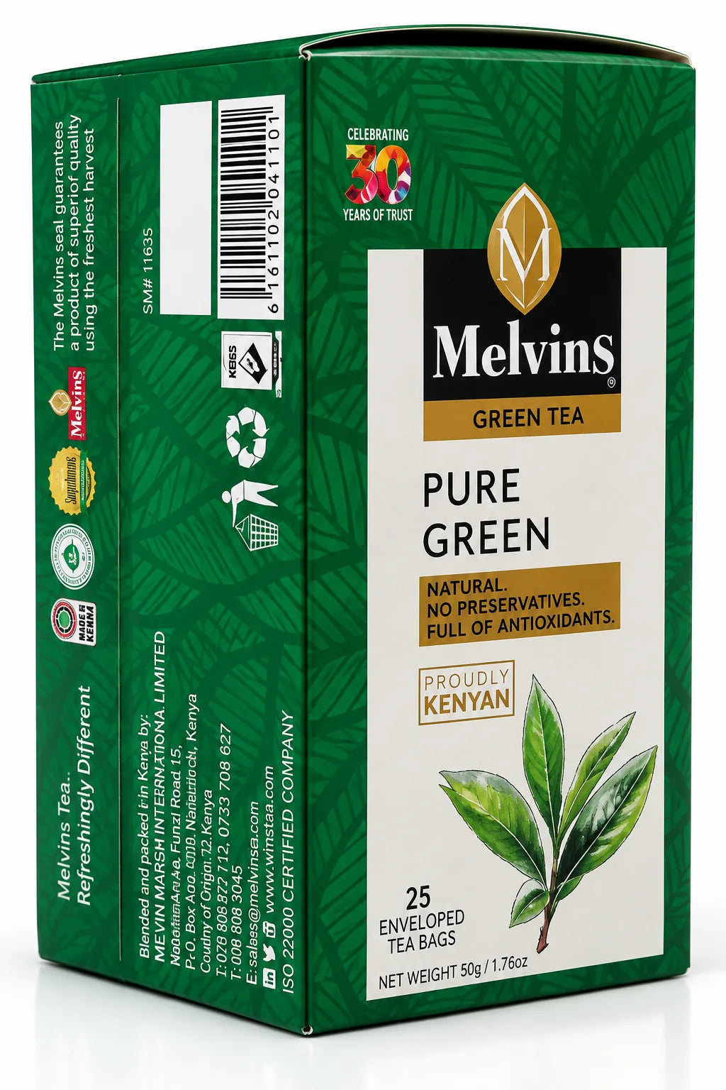Melvins Pure Green Tea carton shown from a three quarter angle, revealing front and side packaging, Kenyan branding, green leaf artwork, 25 enveloped tea bags and product details for US shoppers searching authentic Kenyan green tea, natural tea products and convenient brewing. 