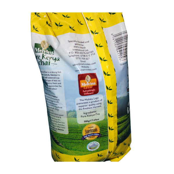 Melvins Pure Kenya Chai 250g bag right side panel with recycling symbol and product certification marks