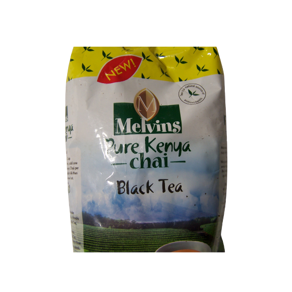 Melvins Pure Kenya Chai 250g loose leaf black tea bag angled front with NEW sticker and yellow bird pattern top
