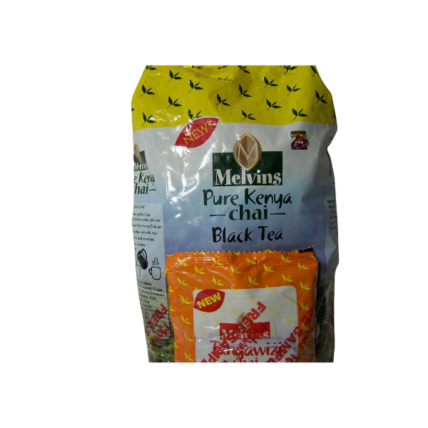 Melvins Pure Kenya Chai 500g loose leaf black tea bag angled front view with NEW badge and Kenyan tea branding