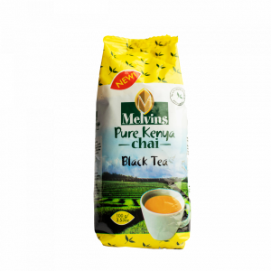 Melvins Pure Kenya Chai Black Tea 250g full bag front view standing upright with NEW badge and brewed cup graphic