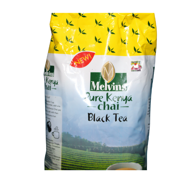 Melvins Pure Kenya Chai Black Tea 250g back panel angled view with product text and Melvins quality logo