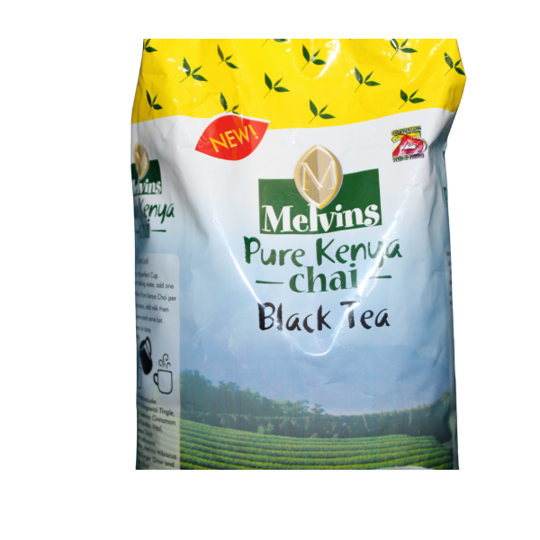 Melvins Pure Kenya Chai Black Tea 250g bag front low angle view with NEW badge and tea cup graphic at base