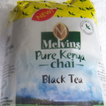 Melvins Pure Kenya Chai Black Tea 250g loose leaf bag close-up front label with red NEW badge and Kenyan tea field design