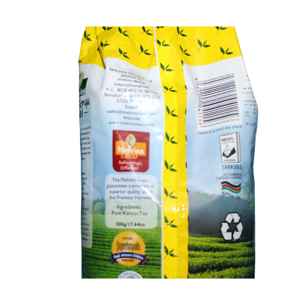 Melvins Pure Kenya Chai Black Tea 250g back panel angled view with product text and Melvins quality logo