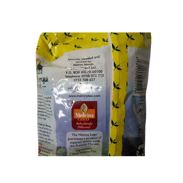 Melvins Pure Kenya Chai Black Tea 500g bag back panel with product details contact information and quality certification