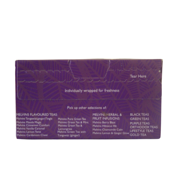 Melvins Purple Bliss individually wrapped tea bags inside box with Melvins tea range listed