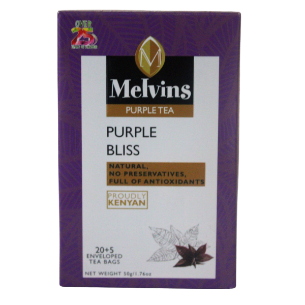 Melvins Purple Bliss Kenyan Purple Tea 25 bags front box natural no preservatives full of antioxidants Proudly Kenyan
