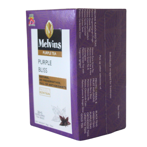Melvins Purple Bliss Kenyan purple tea box front standing view with Melvins gold logo