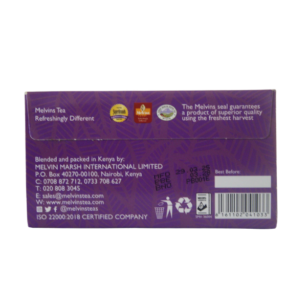 Melvins Purple Bliss tea 25 bags right side panel with brand and product details