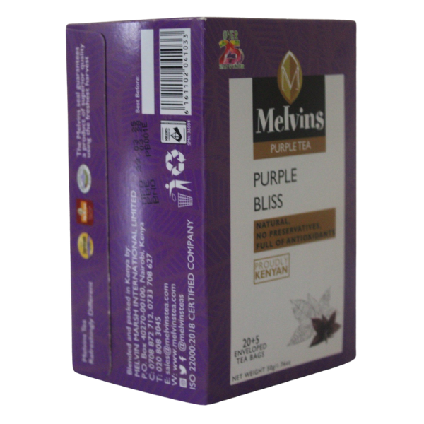 Melvins Purple Bliss tea box angled back view with barcode and side panel
