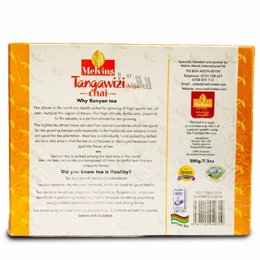 Front label of Melvins Tangawizi Chai 100 tea bags pure Kenyan tea with freshly ground ginger