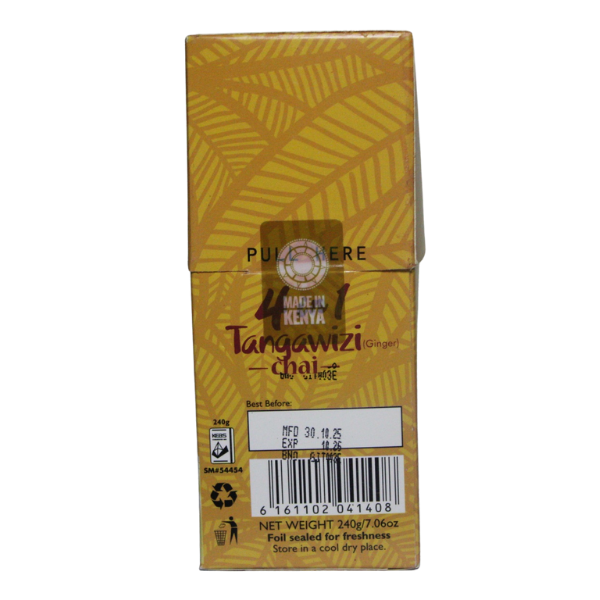 Melvins Tangawizi Chai 4 in 1 instant tea back label with barcode and made in Kenya country of origin