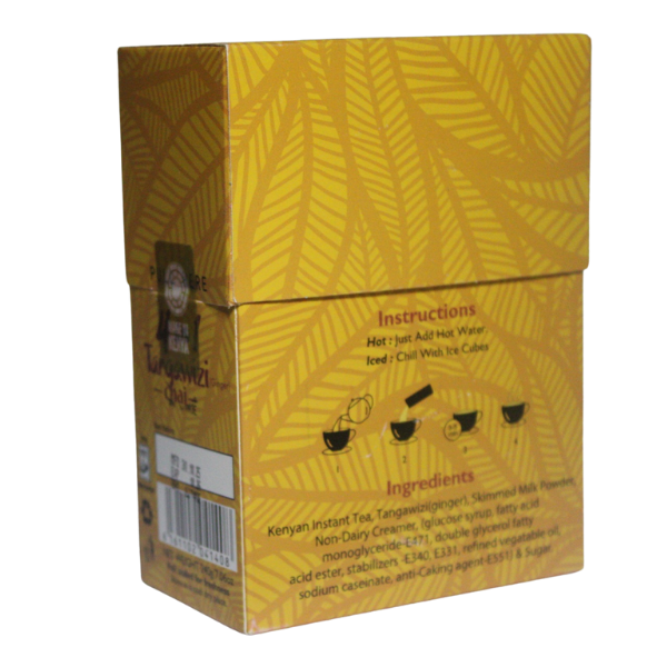 Melvins Tangawizi Chai 4 in 1 instant tea box right side panel with yellow leaf pattern and brand spine