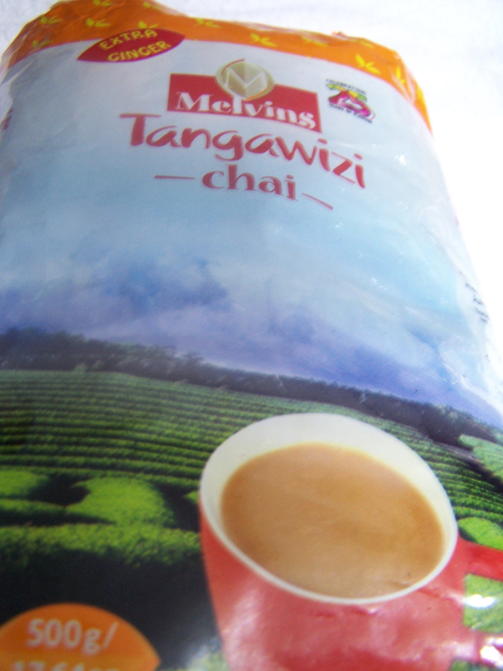 Melvins Tangawizi Chai 500g weight label ginger tea bag base with decorative spice detail