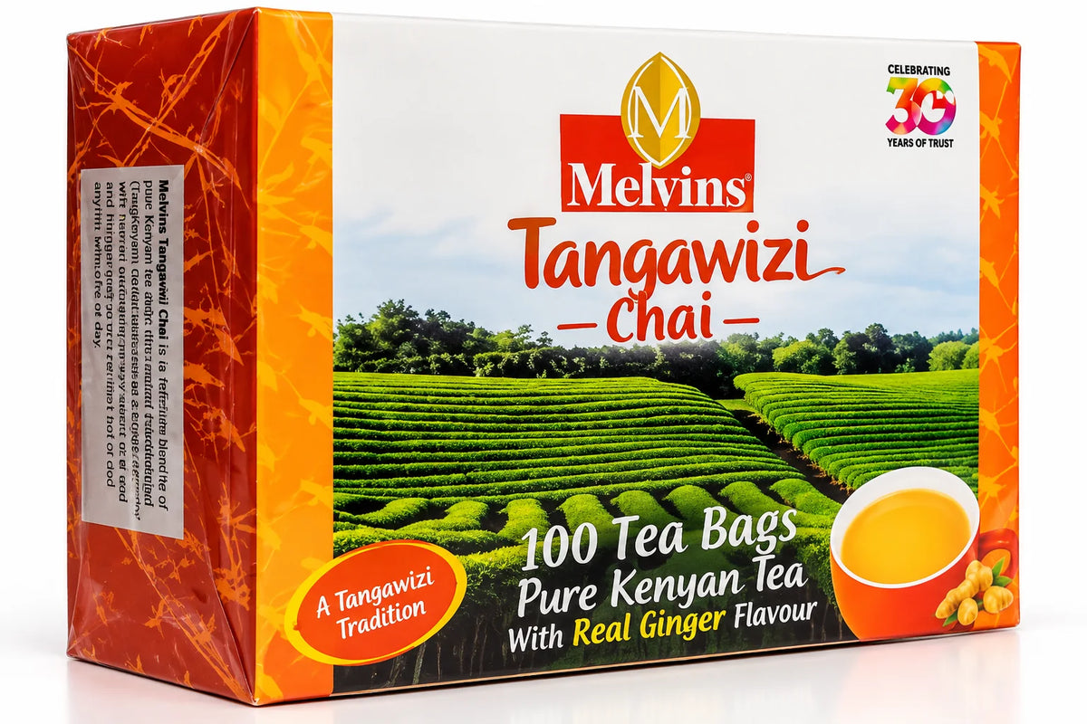 Melvins Tangawizi Chai box shown in a premium three quarter studio view with orange packaging, Kenyan tea plantation artwork, 100 tea bags, real ginger flavor messaging, and a golden cup of tea for US shoppers seeking authentic Kenyan ginger chai. 