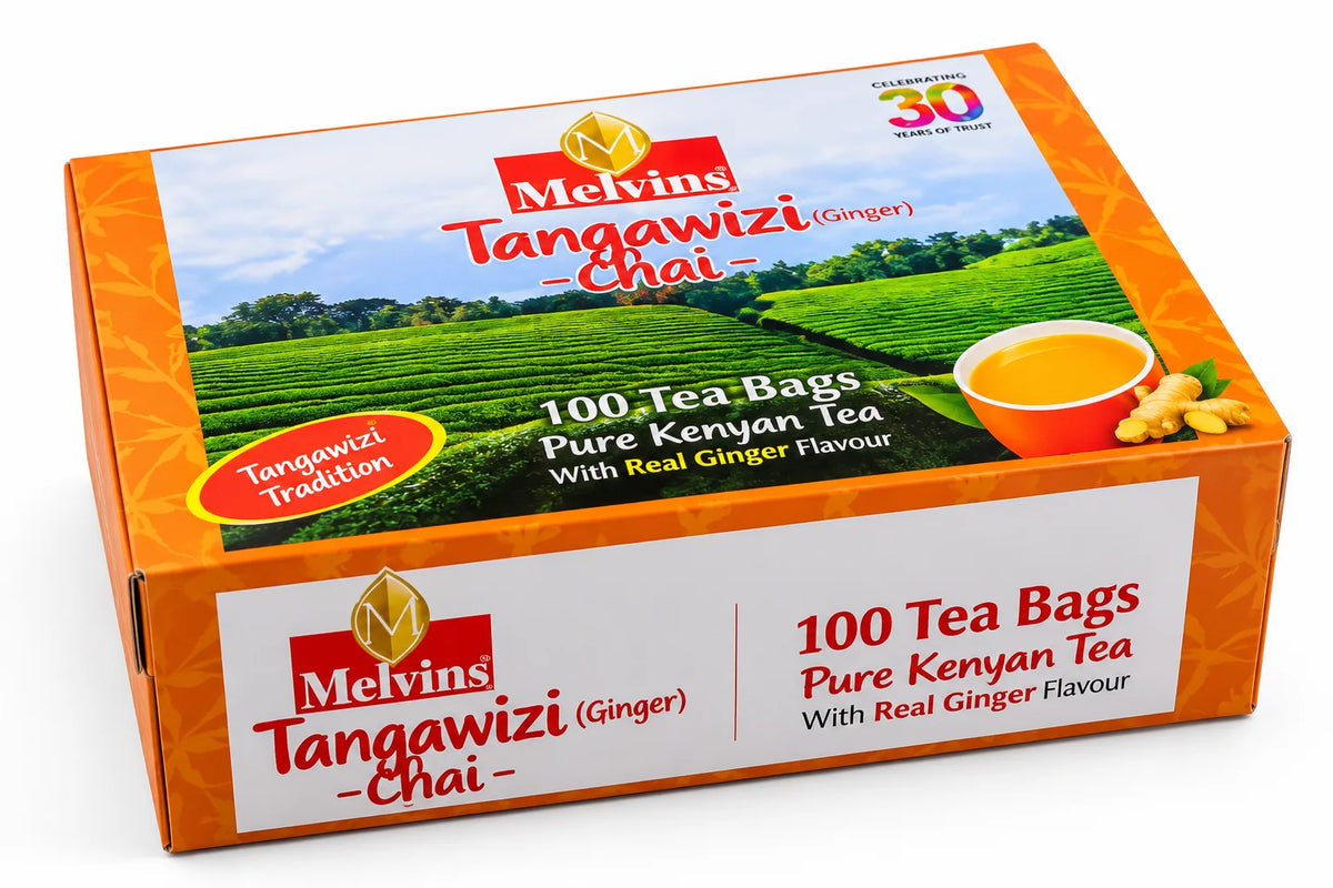 Melvins Tangawizi Chai box shown from a premium top and front angle with orange packaging, Kenyan tea plantation artwork, 100 tea bags, Pure Kenyan Tea, Real Ginger Flavour messaging and ginger tea cup for US shoppers seeking authentic Kenyan chai.