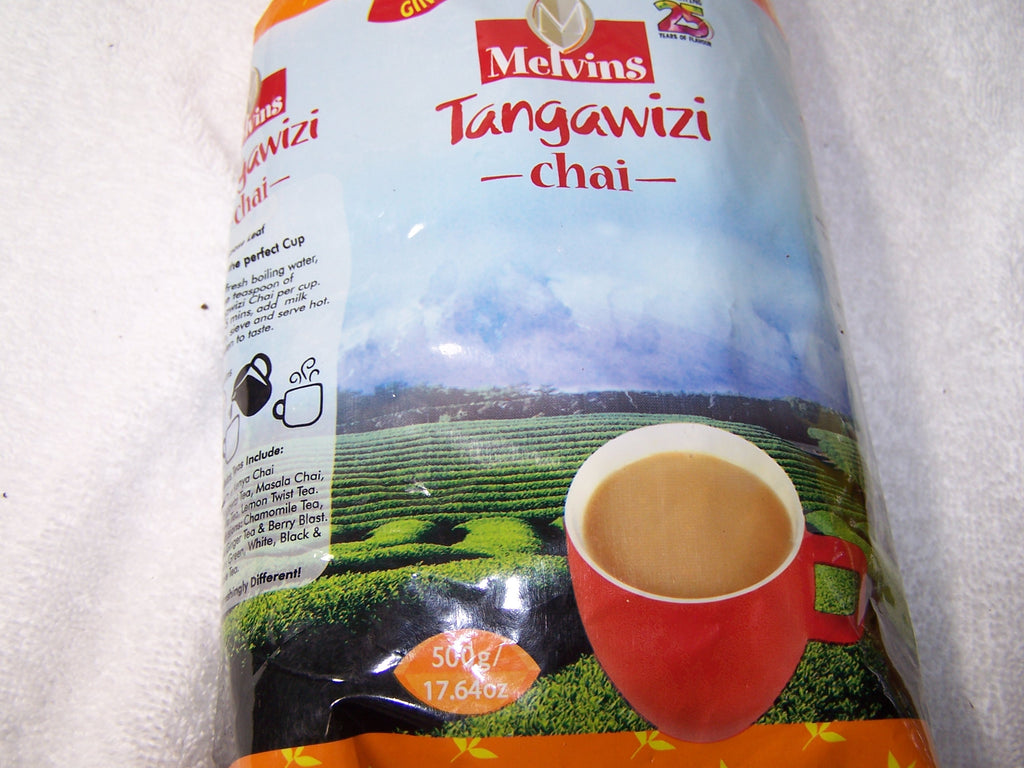 Melvins Tangawizi Chai brand label 500g premium Kenyan ginger spiced tea with chai cup