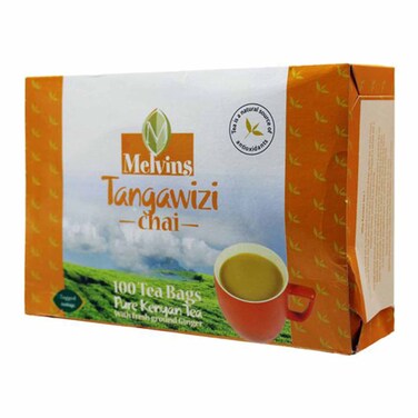 Back panel of Melvins Tangawizi Ginger Chai box showing ingredients and brewing instructions
