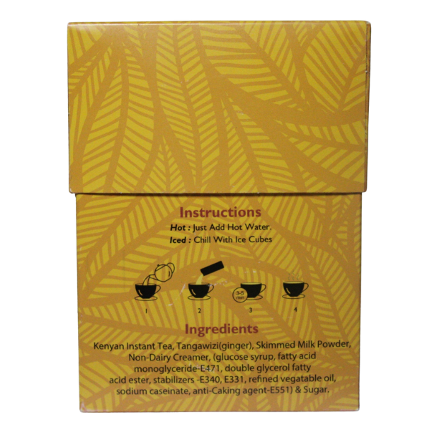 Melvins Tangawizi Chai 4 in 1 box side panel with hot water preparation steps and serving instructions