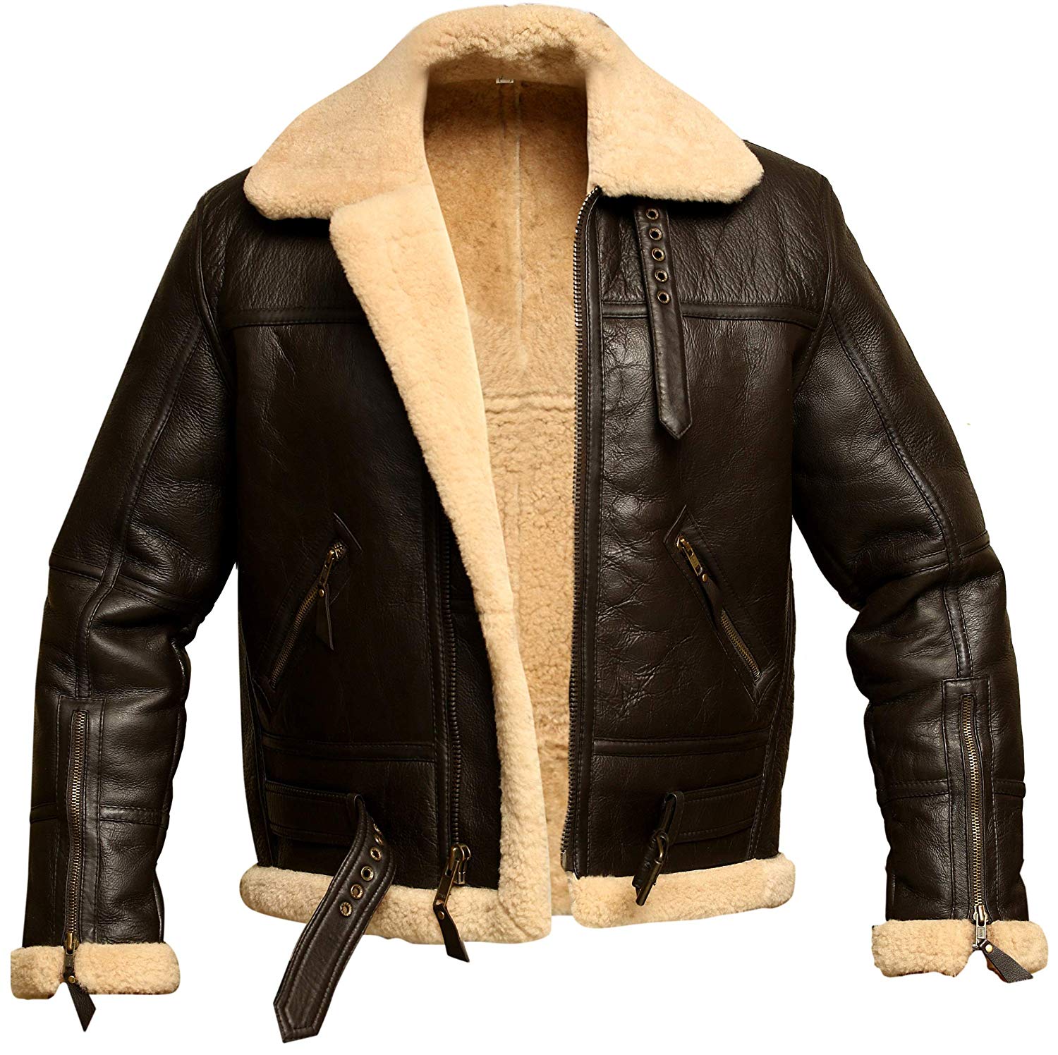 Men’s Brown B3 RAF Aviator Bomber Shearling Real Sheepskin Leather Jacket