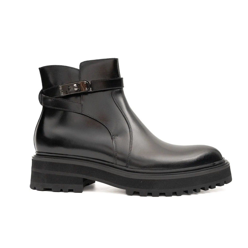 Black Lug Sole Buckle Strap Ankle Boot