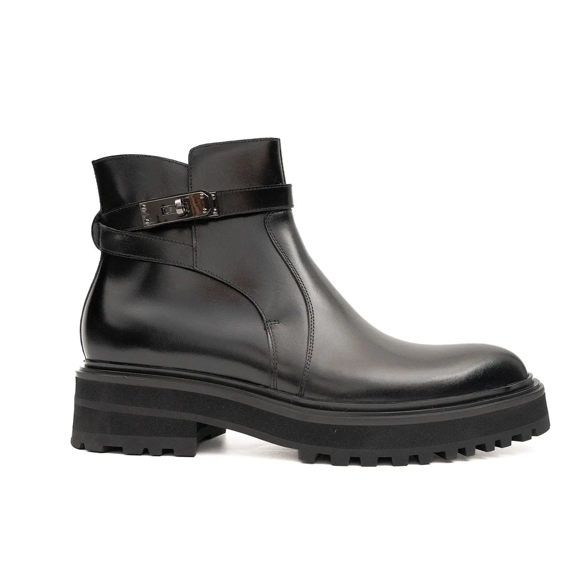 Black Lug Sole Buckle Strap Ankle Boot