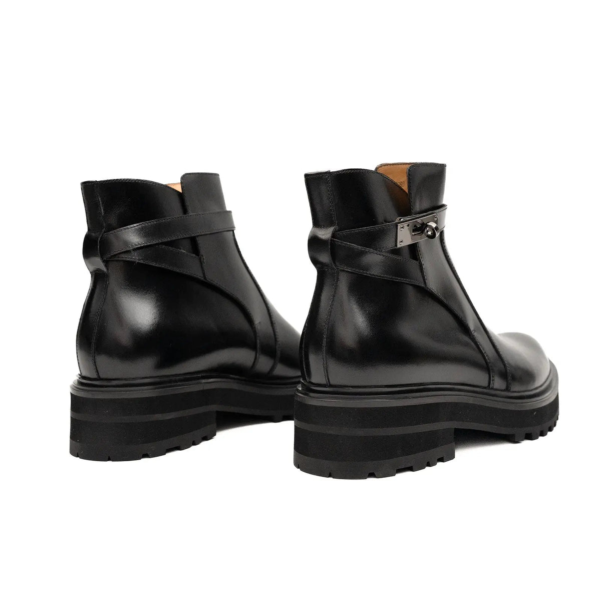 Black Lug Sole Buckle Strap Ankle Boot
