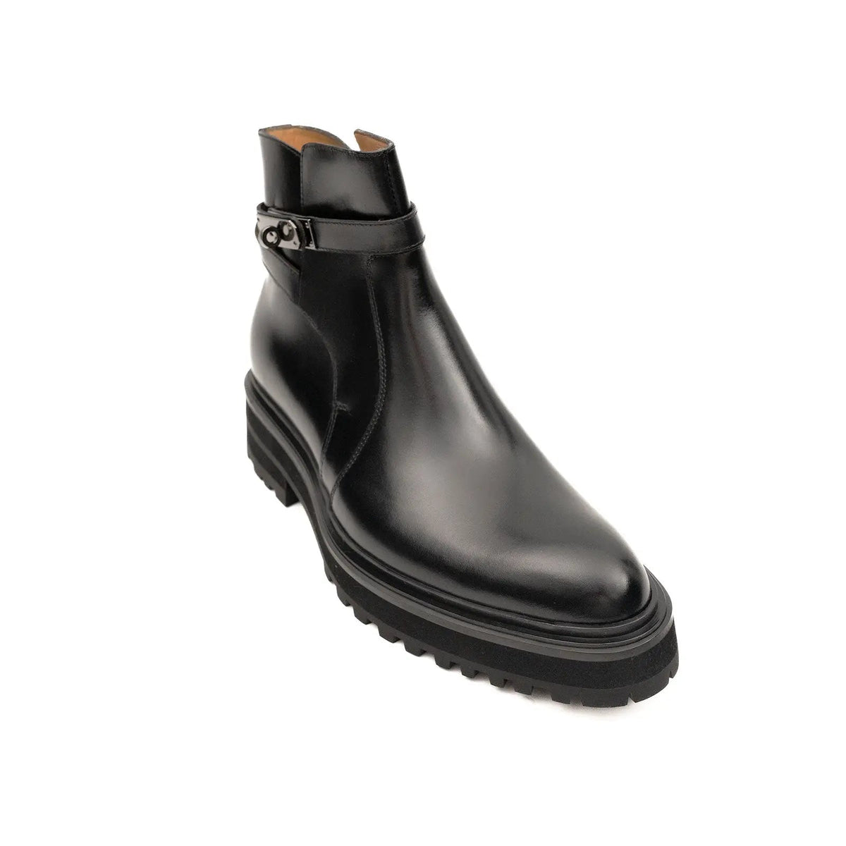 Black Lug Sole Buckle Strap Ankle Boot