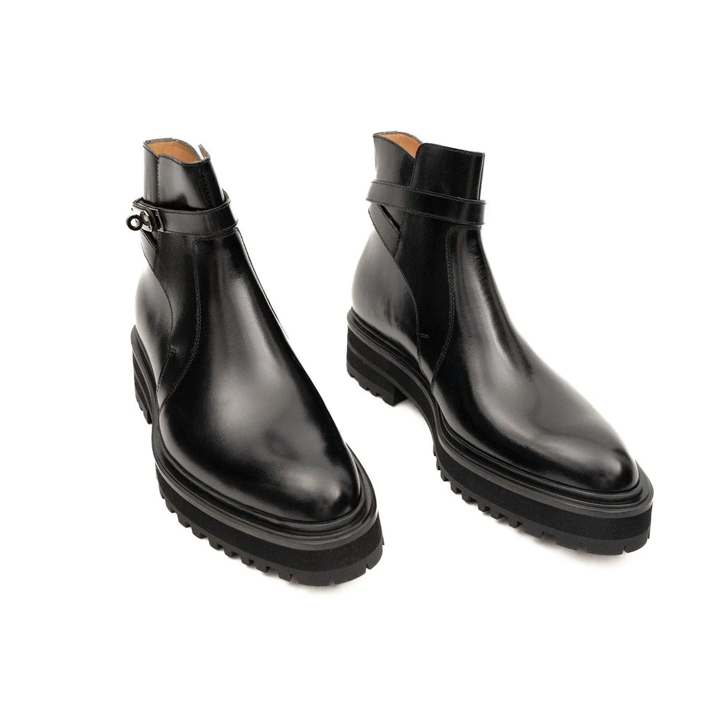 Black Lug Sole Buckle Strap Ankle Boot