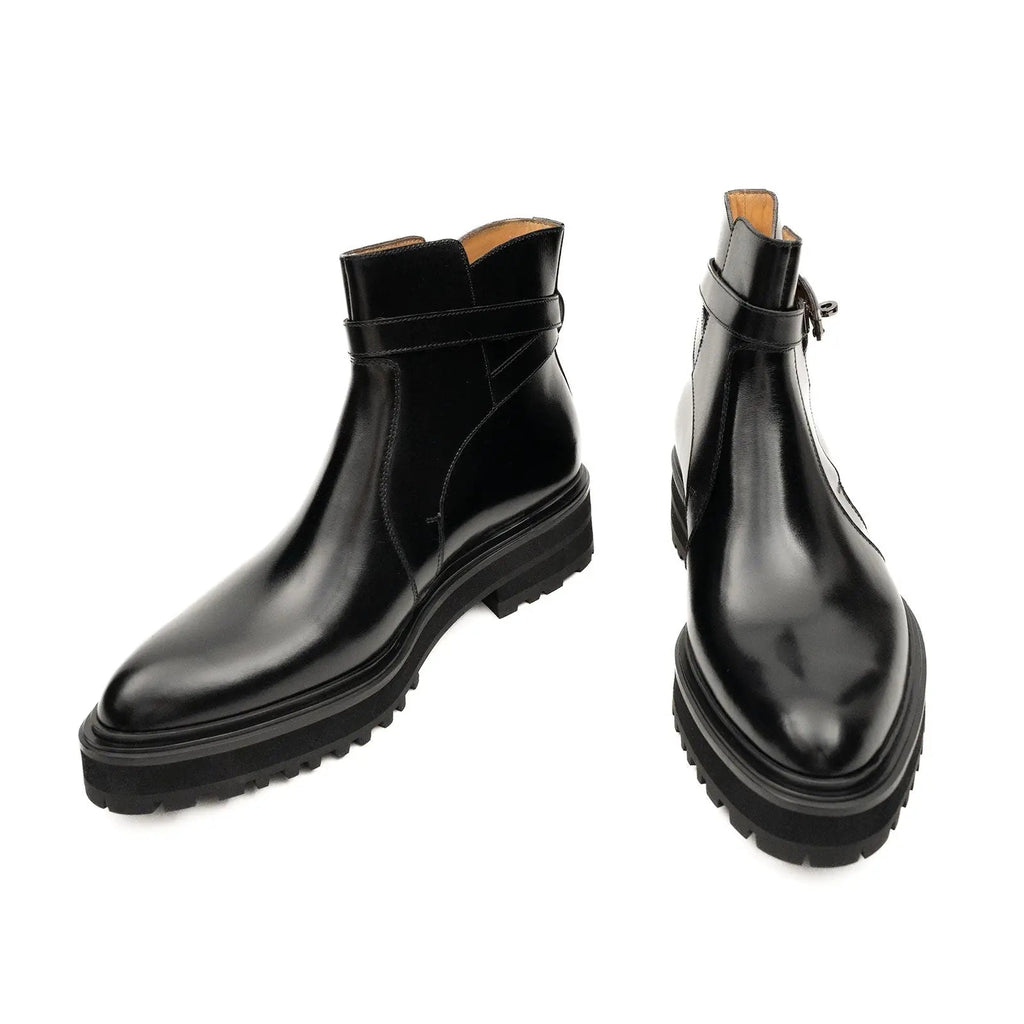 Black Lug Sole Buckle Strap Ankle Boot