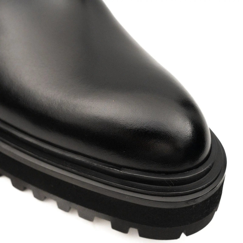 Black Lug Sole Buckle Strap Ankle Boot