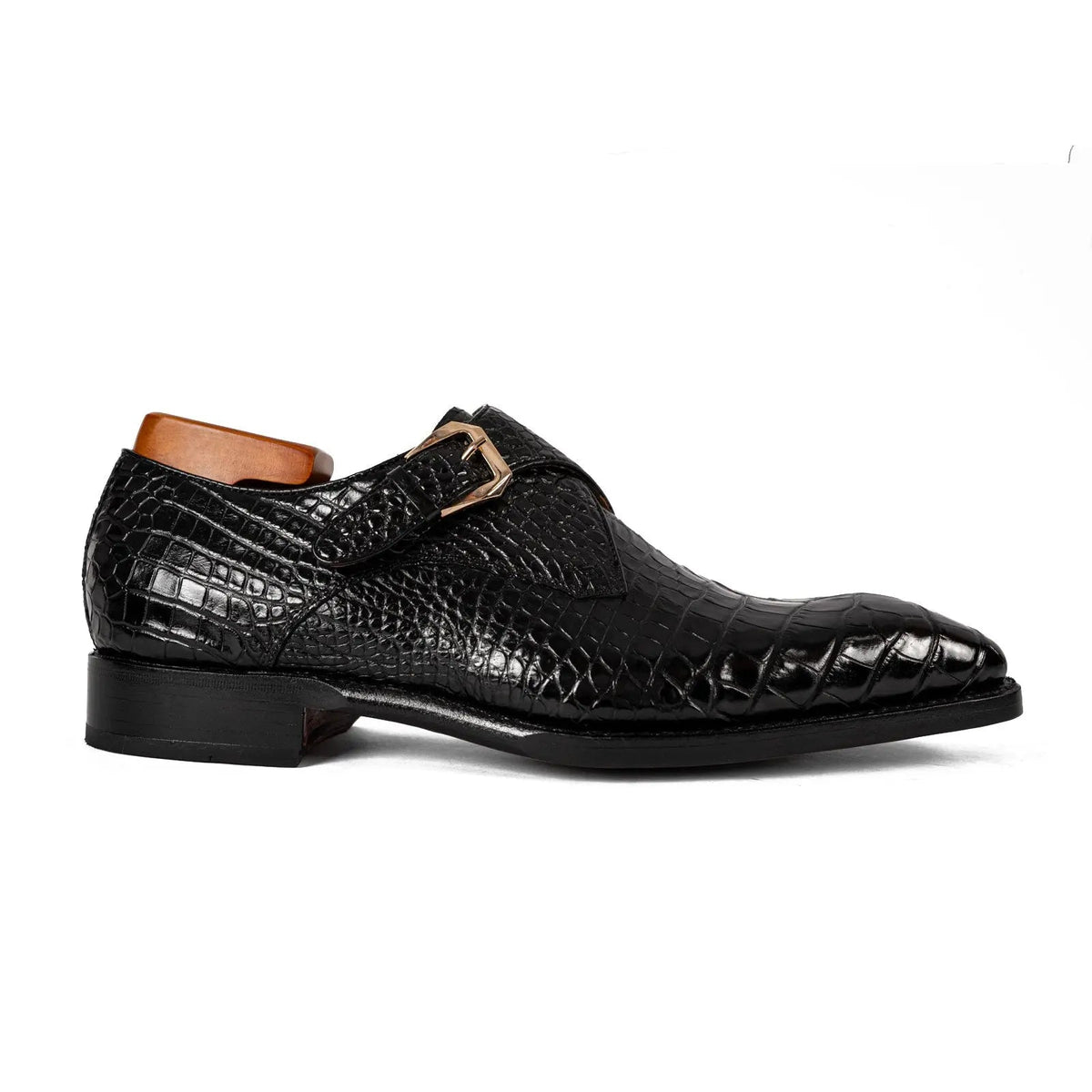 Black Square-Toe Single Monk Shoes with Scale Texture