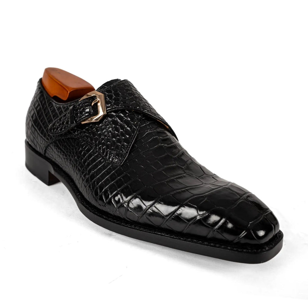 Black Square-Toe Single Monk Shoes with Scale Texture