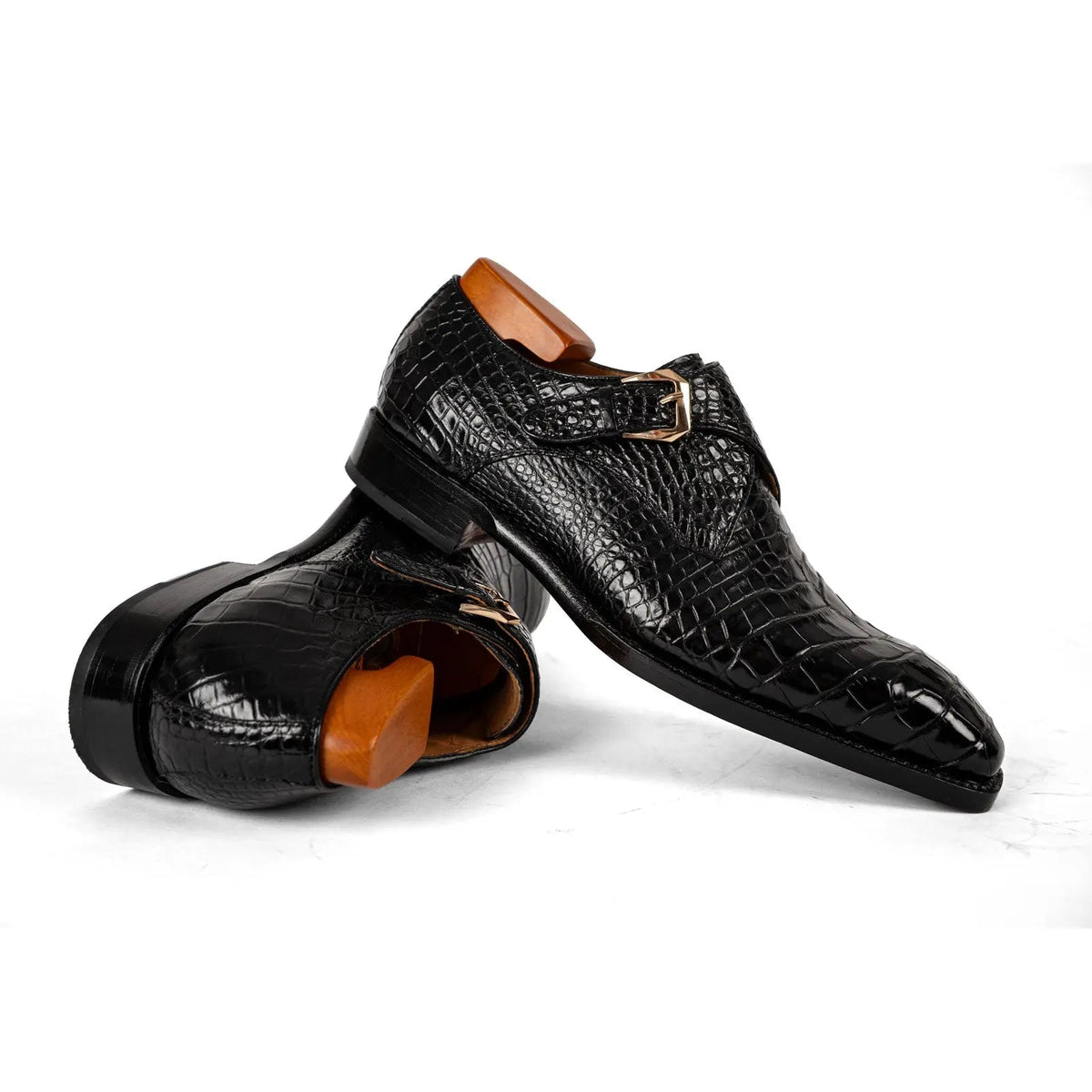 Black Square-Toe Single Monk Shoes with Scale Texture
