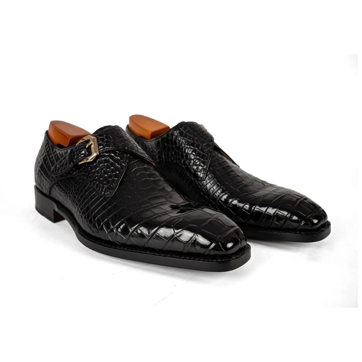 Black Square-Toe Single Monk Shoes with Scale Texture