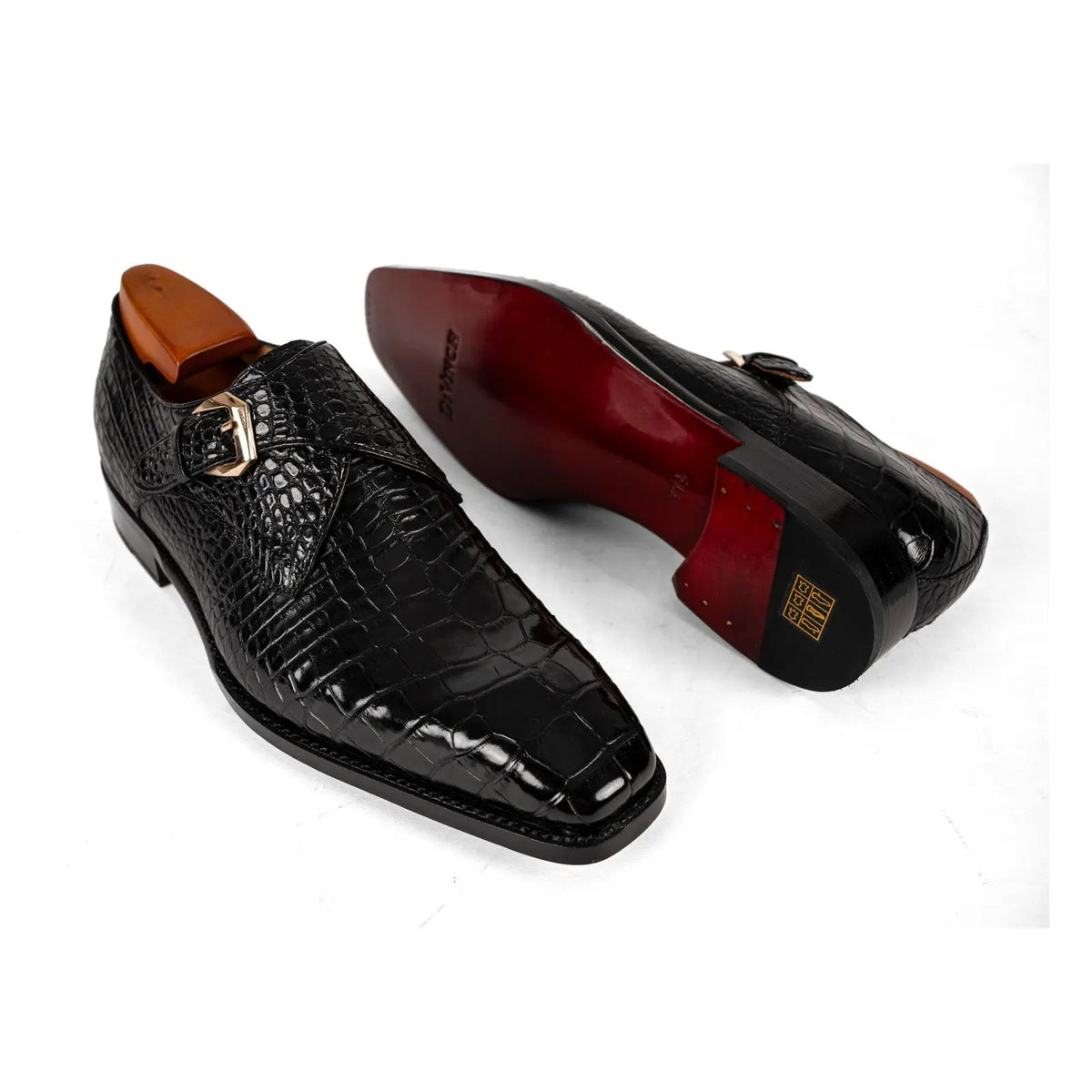 Black Square-Toe Single Monk Shoes with Scale Texture