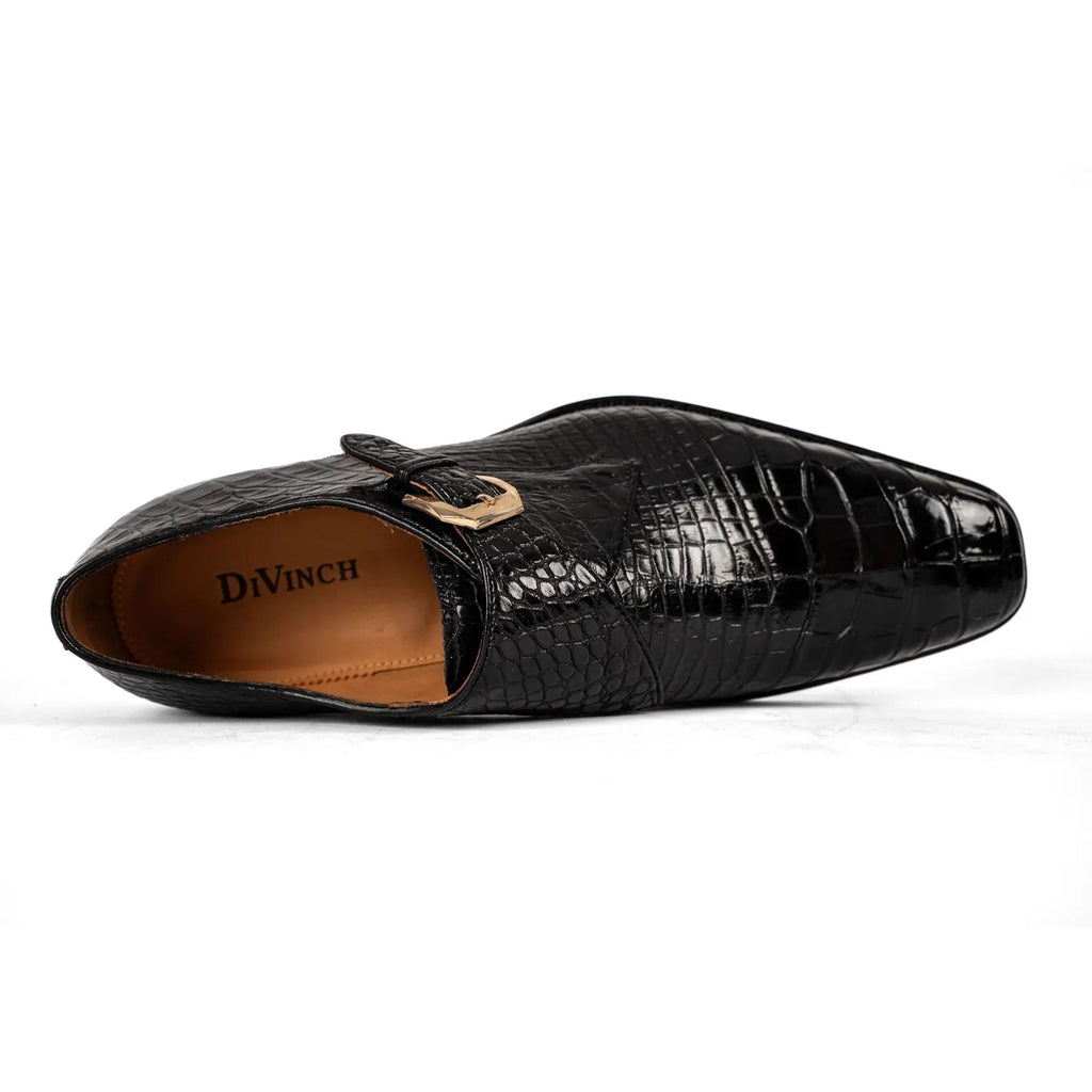 Black Square-Toe Single Monk Shoes with Scale Texture