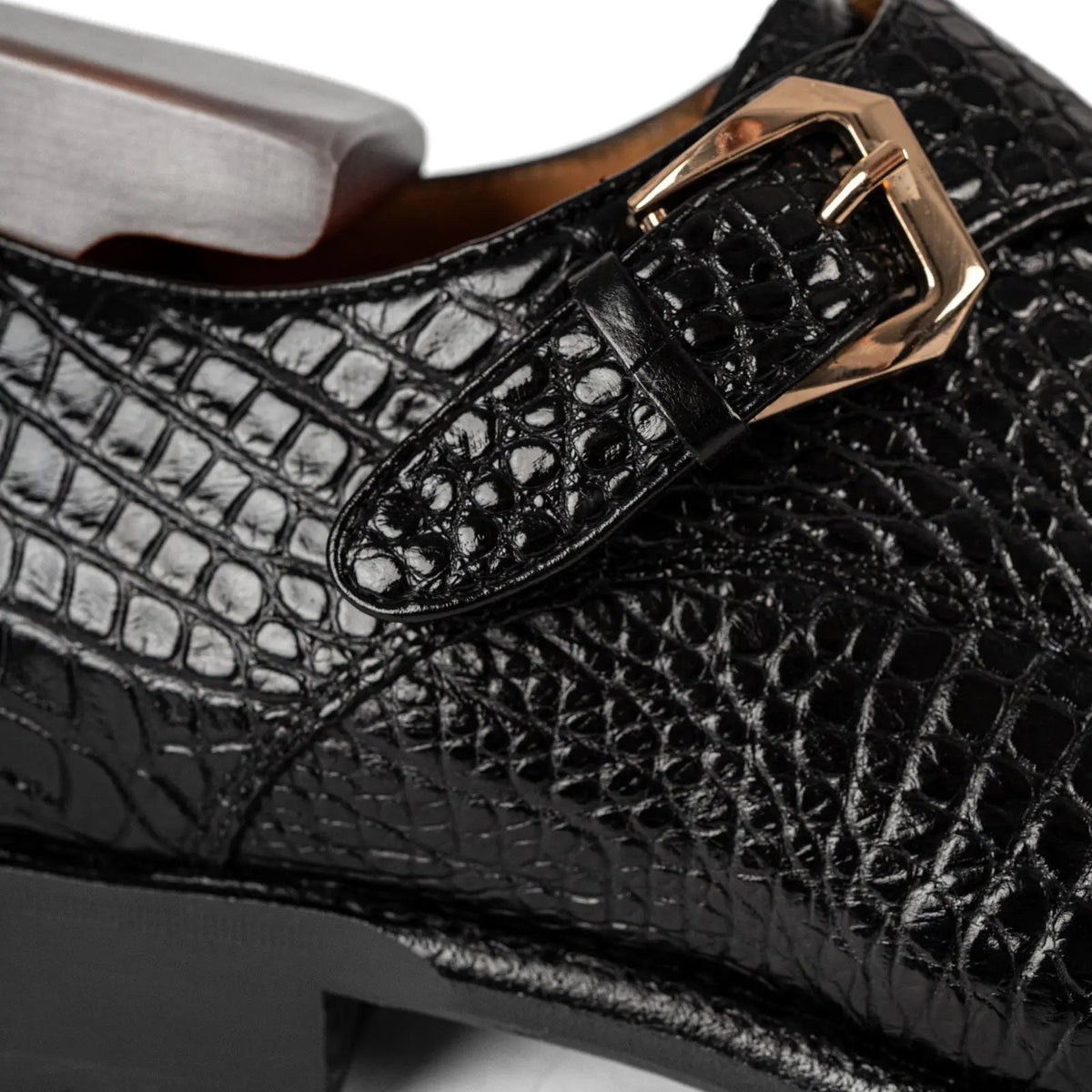 Black Square-Toe Single Monk Shoes with Scale Texture
