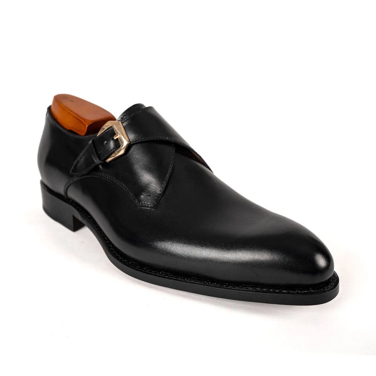 Black Plain-Toe Single Monk Strap Shoes with Polished Finish
