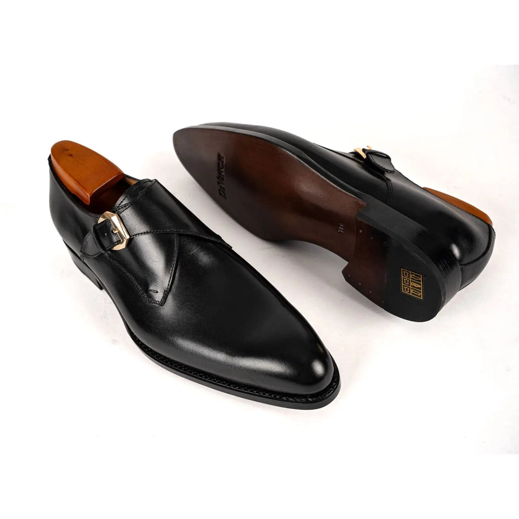 Black Plain-Toe Single Monk Strap Shoes with Polished Finish