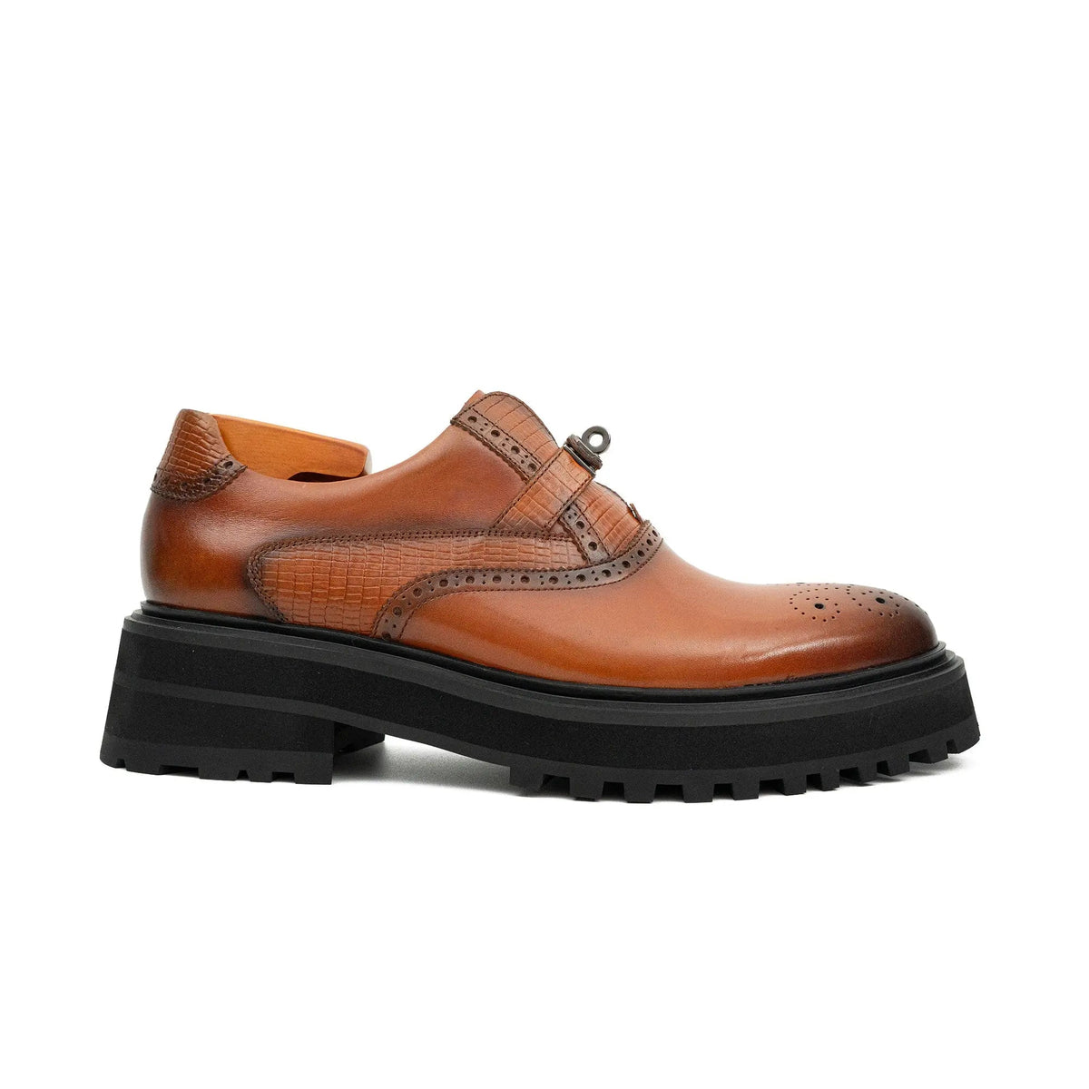 Cognac Brown Textured Lug Sole Single Buckle Monk Shoe