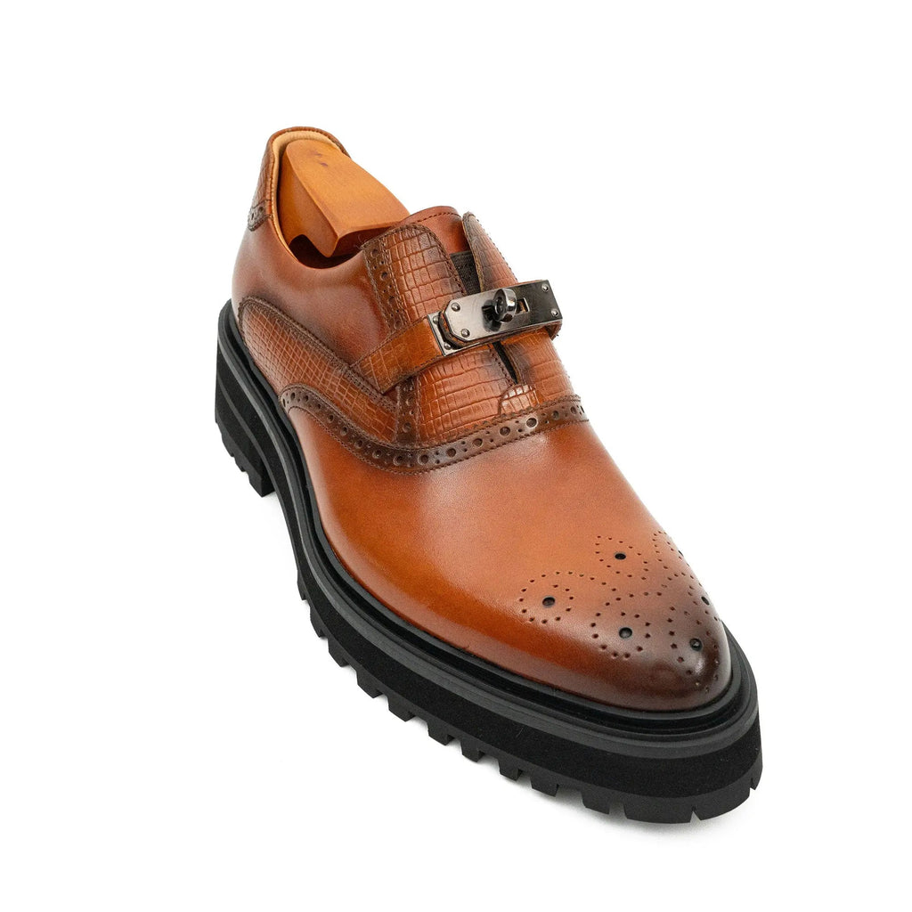 Cognac Brown Textured Lug Sole Single Buckle Monk Shoe
