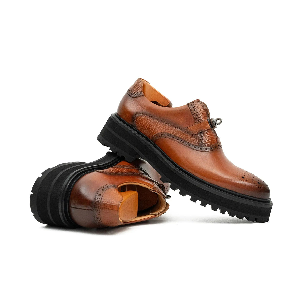 Cognac Brown Textured Lug Sole Single Buckle Monk Shoe