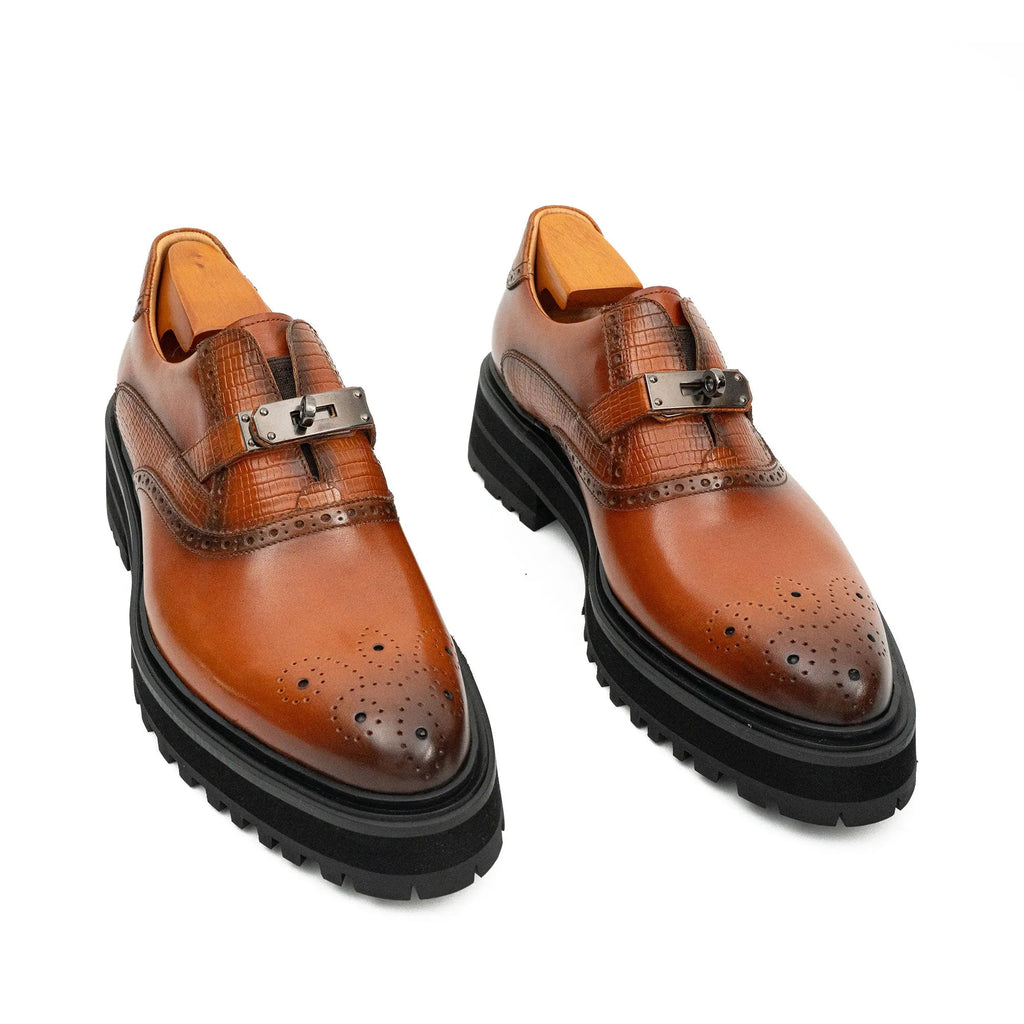 Cognac Brown Textured Lug Sole Single Buckle Monk Shoe