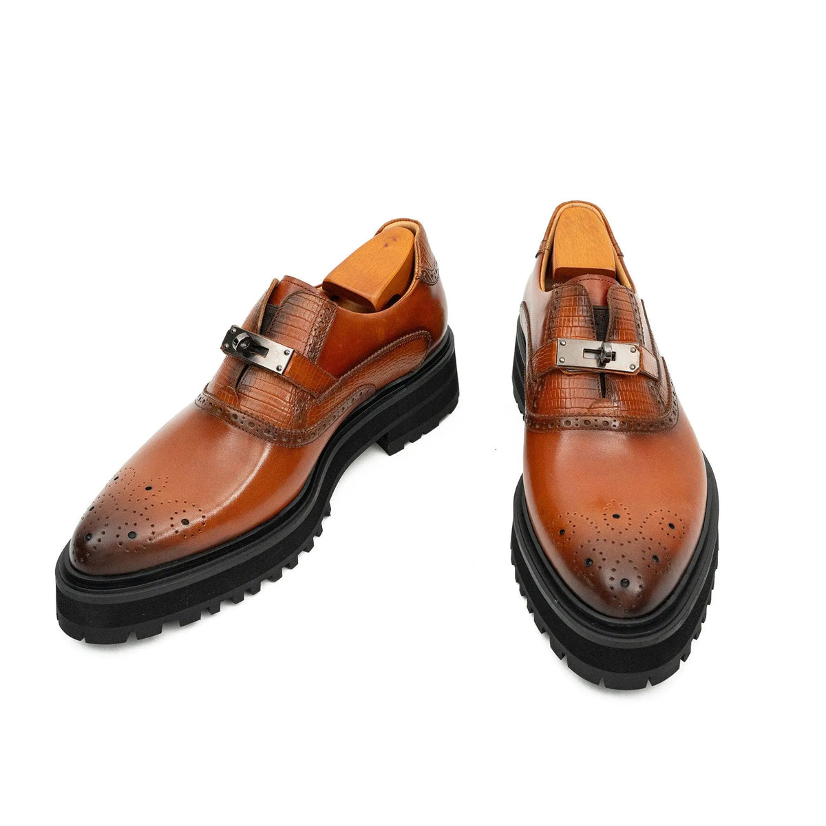 Cognac Brown Textured Lug Sole Single Buckle Monk Shoe