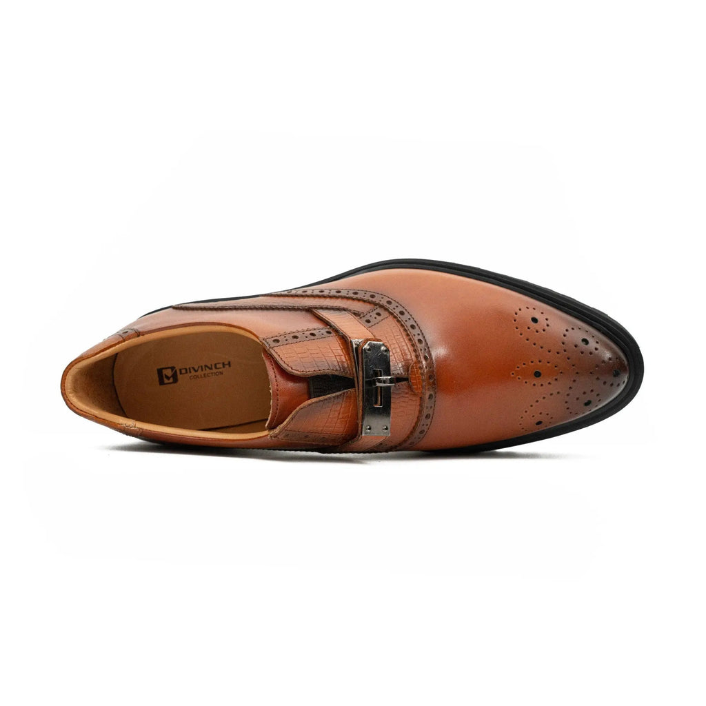 Cognac Brown Textured Lug Sole Single Buckle Monk Shoe