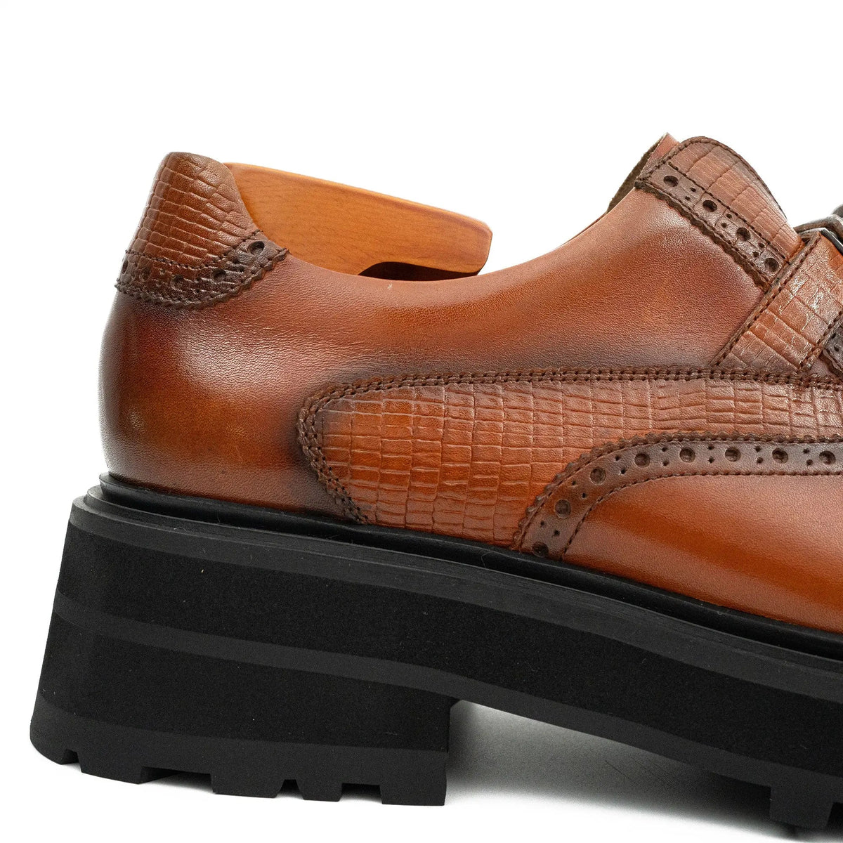 Cognac Brown Textured Lug Sole Single Buckle Monk Shoe