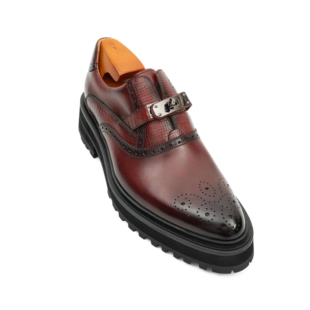 Burgundy Textured Monk Shoe with Dark Toe