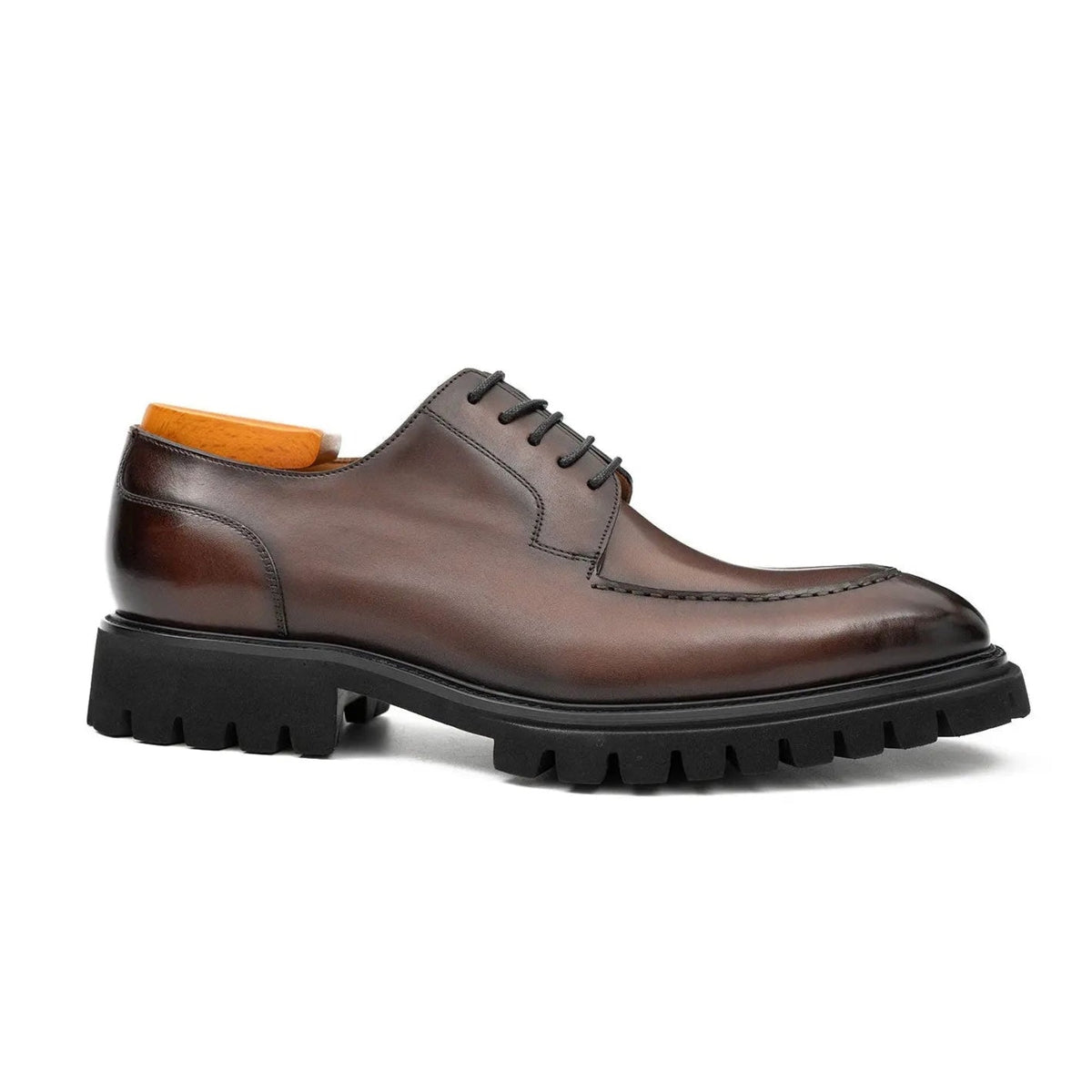Brown Calfskin Apron-Toe Derby Shoes with Lug Sole